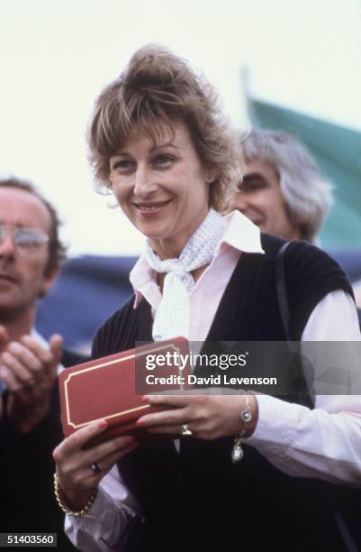 Princess Alexandra presenting prizes on August 8, 1982 at the Jackie Stewart Celebrity Challenge shooting contest in Deeside, Wales.