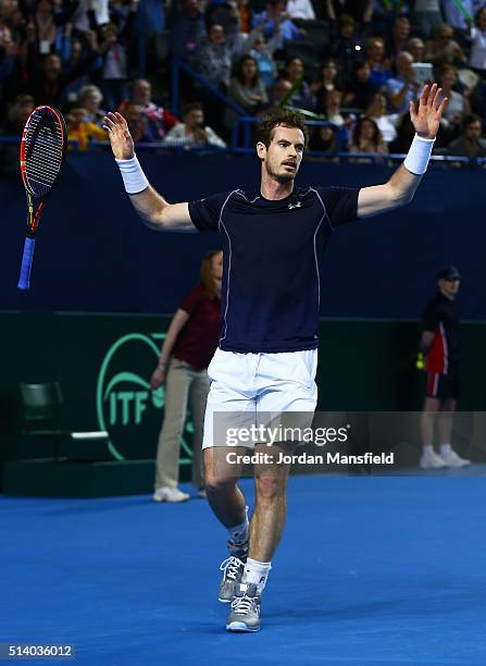 Andy Murray of Great Britain celebrates victory during the singles match against Kei Nishikori of Japan on day three of the Davis Cup World Group...