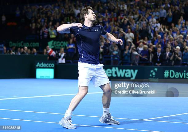 Andy Murray of Great Britain celebrates victory following the singles match against Kei Nishikori of Japan on day three of the Davis Cup World Group...