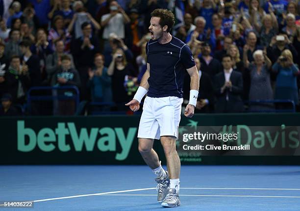 Andy Murray of Great Britain celebrates victory following the singles match against Kei Nishikori of Japan on day three of the Davis Cup World Group...