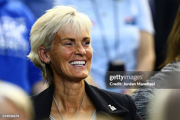 Judy Murray the mother of Andy Murray of Great Britain celebrates following his victory during the singles match against Kei Nishikori of Japan on...