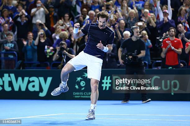 Andy Murray of Great Britain celebrates victory following the singles match against Kei Nishikori of Japan on day three of the Davis Cup World Group...