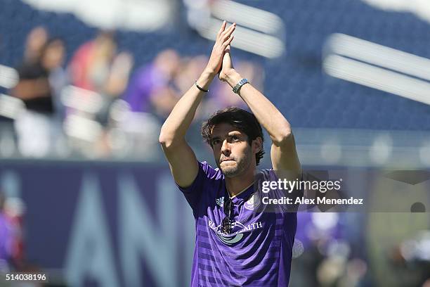 Kaka is seen on the field prior to a MLS soccer match between Real Salt Lake and the Orlando City SC at the Orlando Citrus Bowl on March 6, 2016 in...