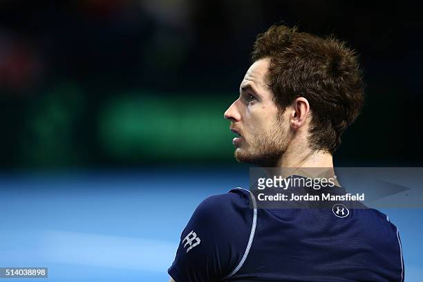 Andy Murray of Great Britain looks on during the singles match against Kei Nishikori of Japan on day three of the Davis Cup World Group first round...