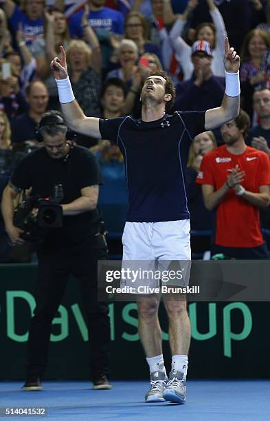Andy Murray of Great Britain celebrates victory following the singles match against Kei Nishikori of Japan on day three of the Davis Cup World Group...