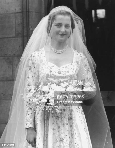 The Hon Frances Roche at Westminster Abbey, for her wedding to Viscount Althorp, 1st June 1954. She became Lady Spencer and her daughter became...