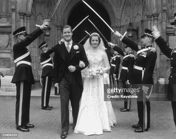 The wedding of Viscount Althorp and the Hon Frances Roche at Westminster Abbey, 1st June 1954. The bride and groom, parents of Diana Princess of...