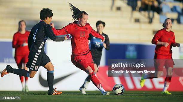Stefanie Sanders of Germany and Hikari Takagi of Japan fight for the ball during the women's U23 international friendly match between WU20 Germany...