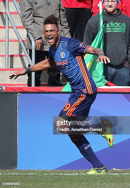 Khiry Shelton of New York City FC celebrates a first half goal against the Chicago Fire at Toyota Park on March 6, 2016 in Bridgeview, Illinois.