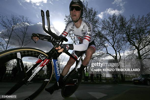 Australia's Georg Preidler competes during the 6,1 km individual time-trial on March 6, 2016 in Conflans-Sainte-Honorine, during the 74th edition of...