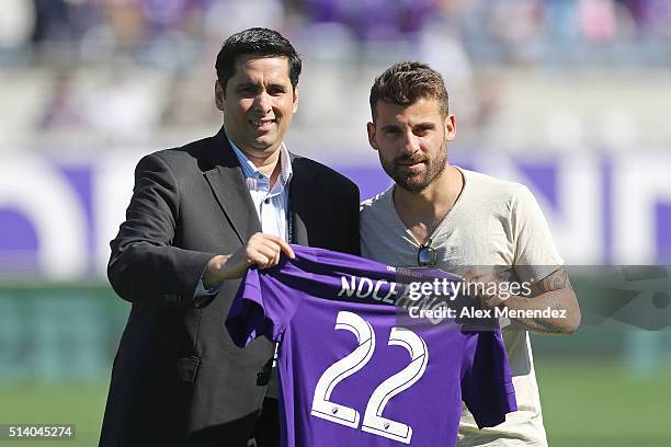 Orlando City majority owner Flavio Augusto Da Silva introduces new signee Nocerino during a MLS soccer match between Real Salt Lake and the Orlando...