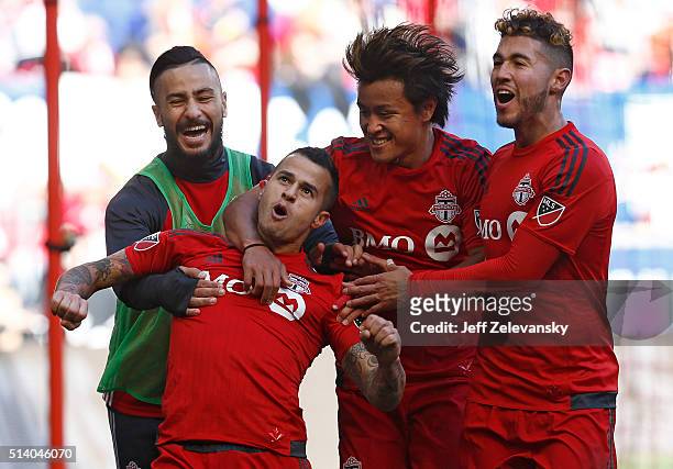 Sebastian Giovinco of Toronto FC celebrates his goal against the New York Red Bulls during their match at Red Bull Arena on March 6, 2016 in...