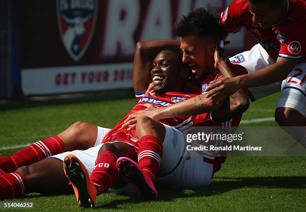 Fabian Castillo of FC Dallas celebtates his goal against the Philadelphia Union in the first half during the MLS opening game at Toyota Stadium on...