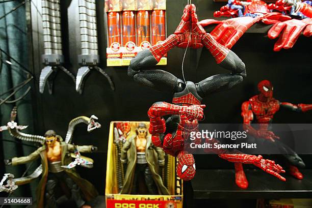 Spider-Man toys from Toy Biz are displayed at the Toy Industry Association & Toy Wishes Holiday Preview show October 5, 2004 in New York City. The...
