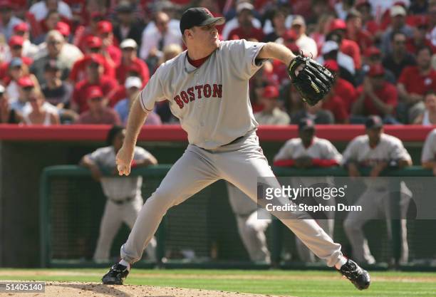 Pitcher Curt Schilling of the Boston Red Sox pitches against the Anaheim Angels during the first inning of the American League Division Series, Game...