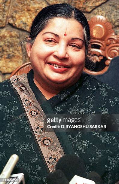 All India Anna Dravida Munnetra Kazhagam supremo Jayaram Jayalalitha smiles during a press conference in Madras, 04 December 2001. Former actress...