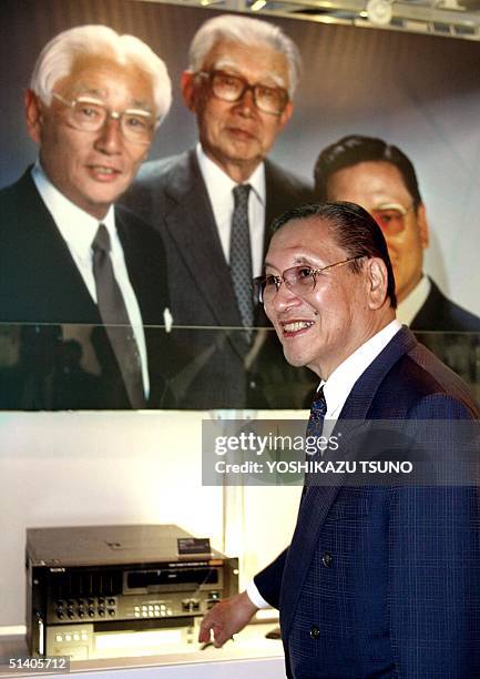 Japan's electronics giant Sony, Chairman of the board Norio Ohga inspects the corner of Sony's historical products at a mega exhibition "Sony Dream...