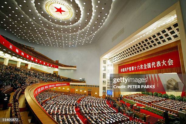 View of the proceedings in the Great Hall of The People on the last day of the 16th Comunist Party Congress in Beijing, 14 November 2002. The...