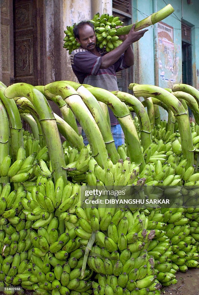 A fruit vendor readies his merchandise before head