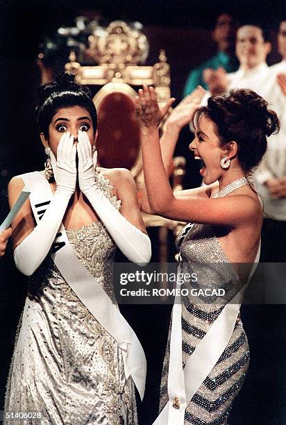 Winner Miss India Sushmita Sen is left stunned while Miss Colombia Carolina Gomez shouts with joy as Sen is announced the new Miss Universe 21 May...