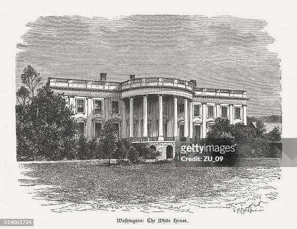 white house, washington d.c., usa, wood engraving, published in 1880 - white house washington dc stock illustrations