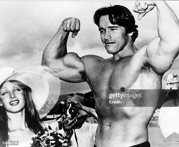 Picture taken 19th May 1977 of American actor Arnold Schwarzenegger during the 38th Cannes film festival. The actor presented Pumping Iron, a...