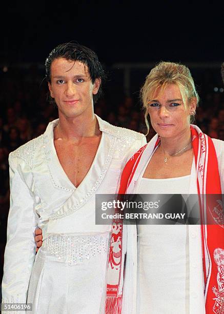 Princesse Stephanie of Monaco poses with Adans Lopes Peres while awarding circus acrobats "The Peres Brothers" from Portugal the "Silver Clown" prize...