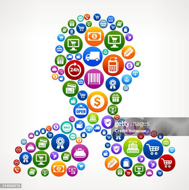 businessman shopping and commerce colorful button pattern - man opening store stock illustrations