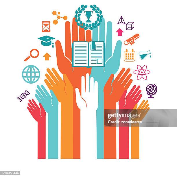 hands with icons of education and technology - educational exam stock illustrations