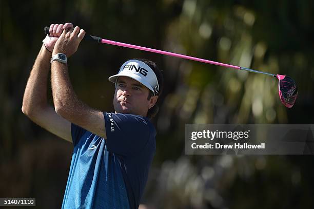 Bubba Watson tees off on the eighth hole during the final round of the World Golf Championships-Cadillac Championship at Trump National Doral Blue...