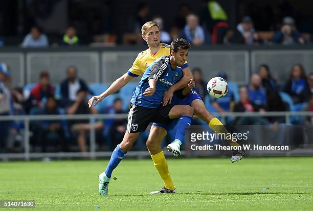 Chris Wondolowski of San Jose Earthquakes battles for control of the ball with Axel Sjoberg of Colorado Rapids during the first half of their MLS...