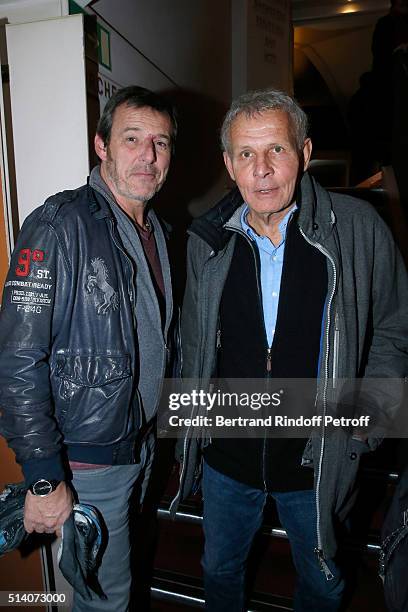 Hosyts Jean-Luc Reichmann and Patrick Poivre d'Arvor attend the "Garde Alternee" : Theater Play at Theatre des Mathurins on March 6, 2016 in Paris,...