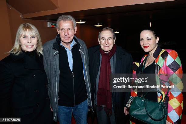 Candice Patou, Patrick Poivre d'Arvor, Director Robert Hossein and Actress Alexandra Sarramona attend the "Garde Alternee" : Theater Play at Theatre...