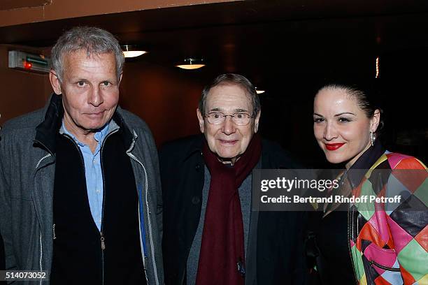 Patrick Poivre d'Arvor, Director Robert Hossein and Actress Alexandra Sarramona attend the "Garde Alternee" : Theater Play at Theatre des Mathurins...