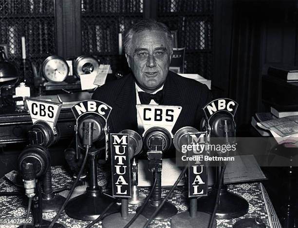 President Franklin D. Roosevelt endorses New Deal candidates during a radio broadcast from his Hyde Park home. | Location: Hyde Park, New York, USA.