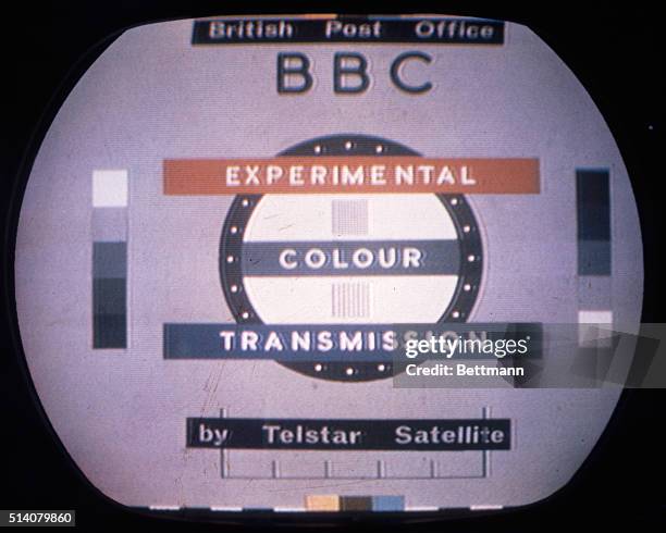 Test pattern in an early satellite television broadcast from Goonhilly Downs, England, which was received in New York, where it was photographed. The...