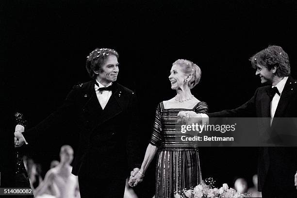 Dame Margot Fonteyn and Mikhail Baryshnikov honor their friend and collegue Rudolf Nureyev at a New York gala.