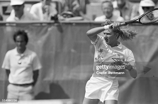 German tennis player Steffi Graf hits a forehand shot during a match at the 1988 US Open at the National Tennis Center. Flushing Meadow, New York....