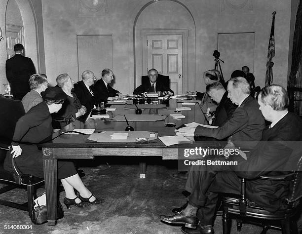 President Roosevelt and his cabinet are pictured as they met here, September 27th, to study the threatening European situation shortly before the...