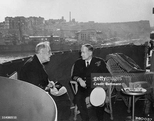 President Roosevelt and Admiral Andrew Cunningham aboard the USS Quincy in the Mediterranean around the time of the Yalta Conference.