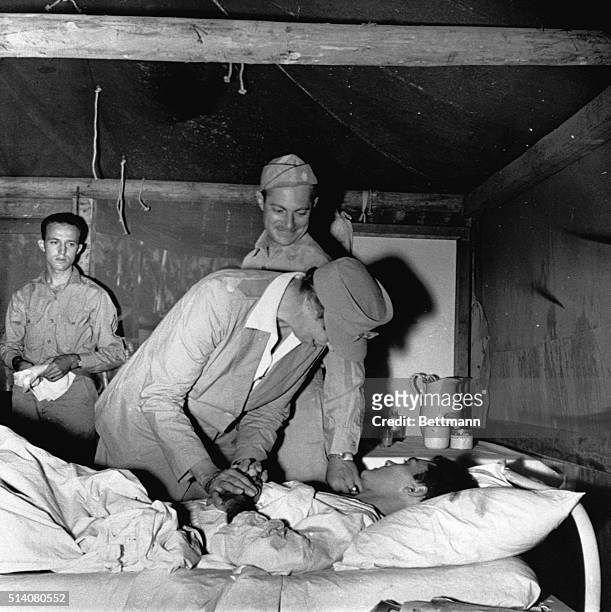 On her Pacific war-area tour for the Red Cross, First Lady Eleanor Roosevelt visits a fleld hospital on Guadalcanal Island, on September 17, 1943....