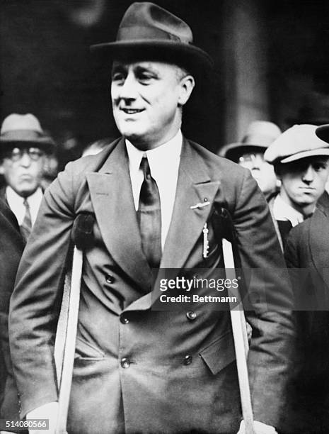 Franklin D. Roosevelt shown on crutches at the New York State Democratic Convention in Syracuse, New York, on September 27, 1926.