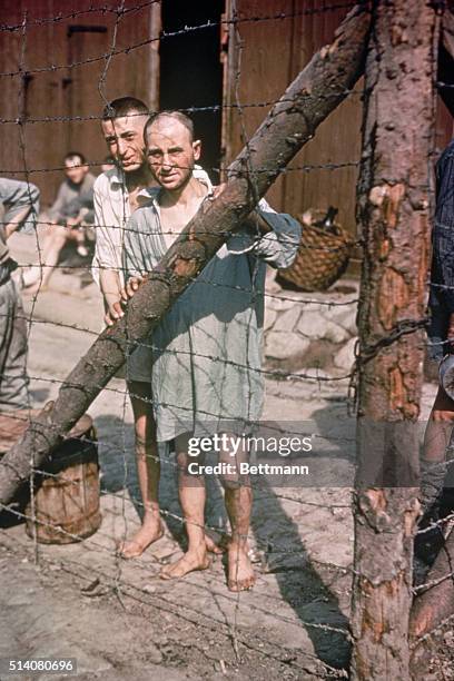 Two World War II prisoners of war stare through a barbed wire fence at Buchenwald Concentration Camp near Weimar, Germany in 1945.
