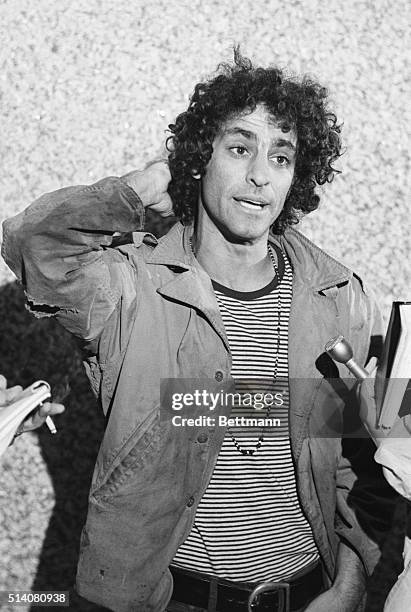 Yippie leader Abbie Hoffman speaks with reporters after posting bond in Chicago. Hoffman was charged along with other radical leaders in connection...