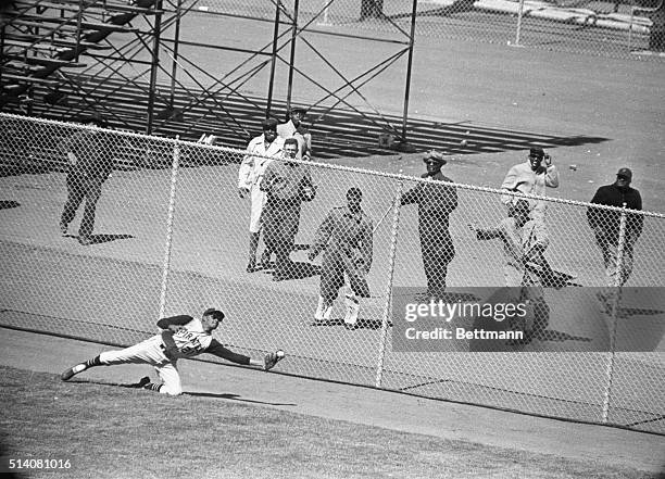 San Francisco, CA: Pittsburgh rightfielder Roberto Clemente makes great effort and snags ball in webbing of glove after Giants Manuel Mota hit deep...