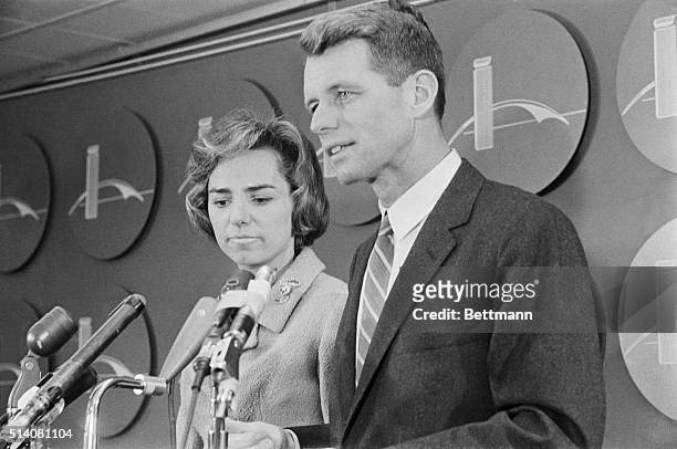 New York, NY: Attorney General Robert Kennedy and wife on arrival at New York International Airport returning from his world tour.