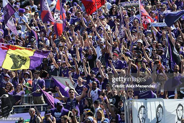 Fans chant during a MLS soccer match between Real Salt Lake and the Orlando City SC at the Orlando Citrus Bowl on March 6, 2016 in Orlando, Florida....