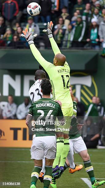 Adam Larsen Kwarasey of Portland Timbers goes up for a ball with Kei Kamara of Columbus Crew during the second half of the game at Providence Park on...