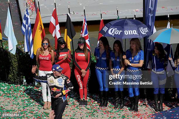 Jari Matti Latvala of Finland and Mikka Anttila of Finland celebrate their victory during Day Three of the WRC Mexico on March 6, 2016 in Leon,...