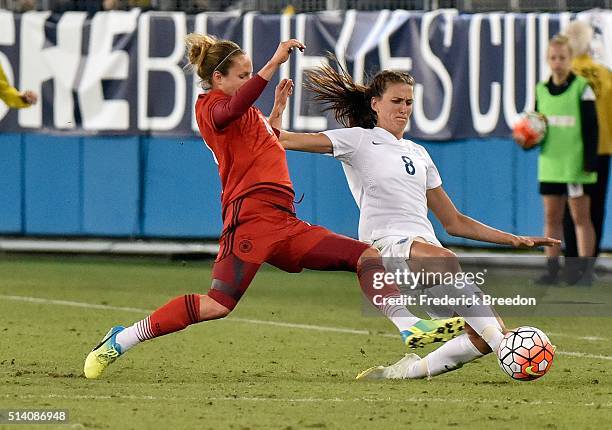 Jill Scott of England plays against Germany during the second half of a friendly international match in the Shebelieves Cup at Nissan Stadium on...